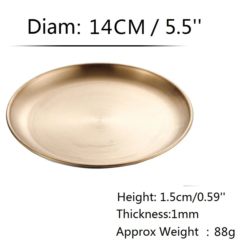 Gold 14cm 5.5inch 1 шт. обеденные тарелки из нержавеющей стали золотой поднос круглый десерт торт блюда для ресторана корейский Серебряный столовые приборы барбекю инструмент для пикника - Цвет: Gold 14cm 5.5inch