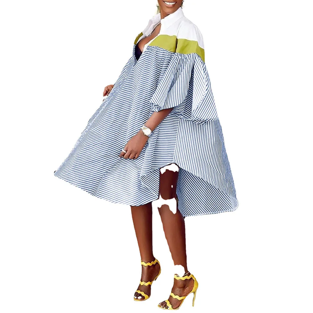 

2021 Women's Dress Autumn Bat Sleeve Stripe Splicing Fashion Europe America Loose Casual V-neck Long Sleeve Shirt Dress