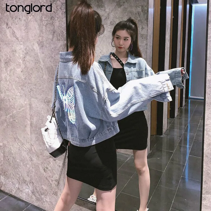 

Tonglord Denim Jackets Women's Blue Coat 2020 Autumn New Single Breasted Female Denim Coat Loose Retro Long Sleeve Jackets Dady