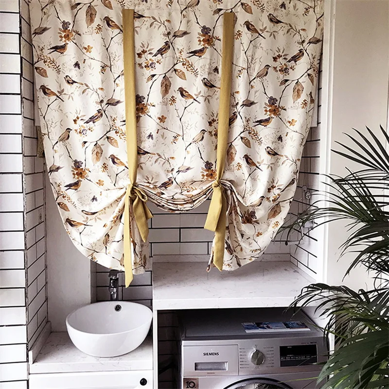 

American Pastoral Cotton and Linen Pull Rope Short Curtains Half Shaded Bird Pattern Living Room Curtains Finished Drapes #4