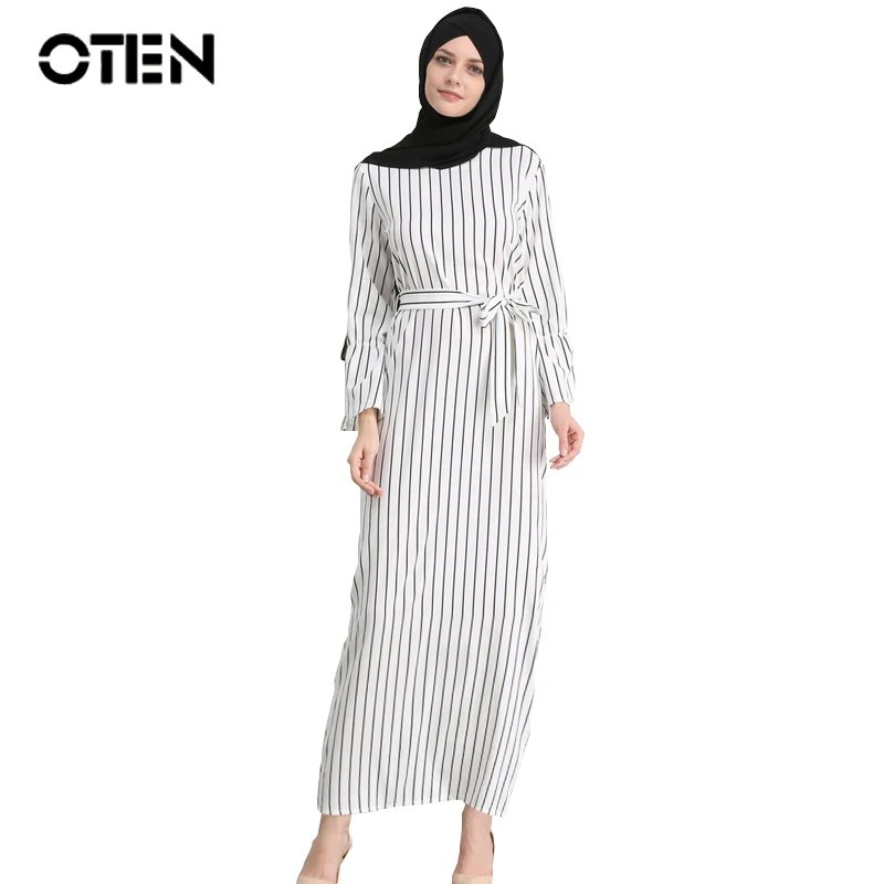 OTEN мусульманка Абаяосень женское платьехлопокС длинным рукавомПолосатый принт