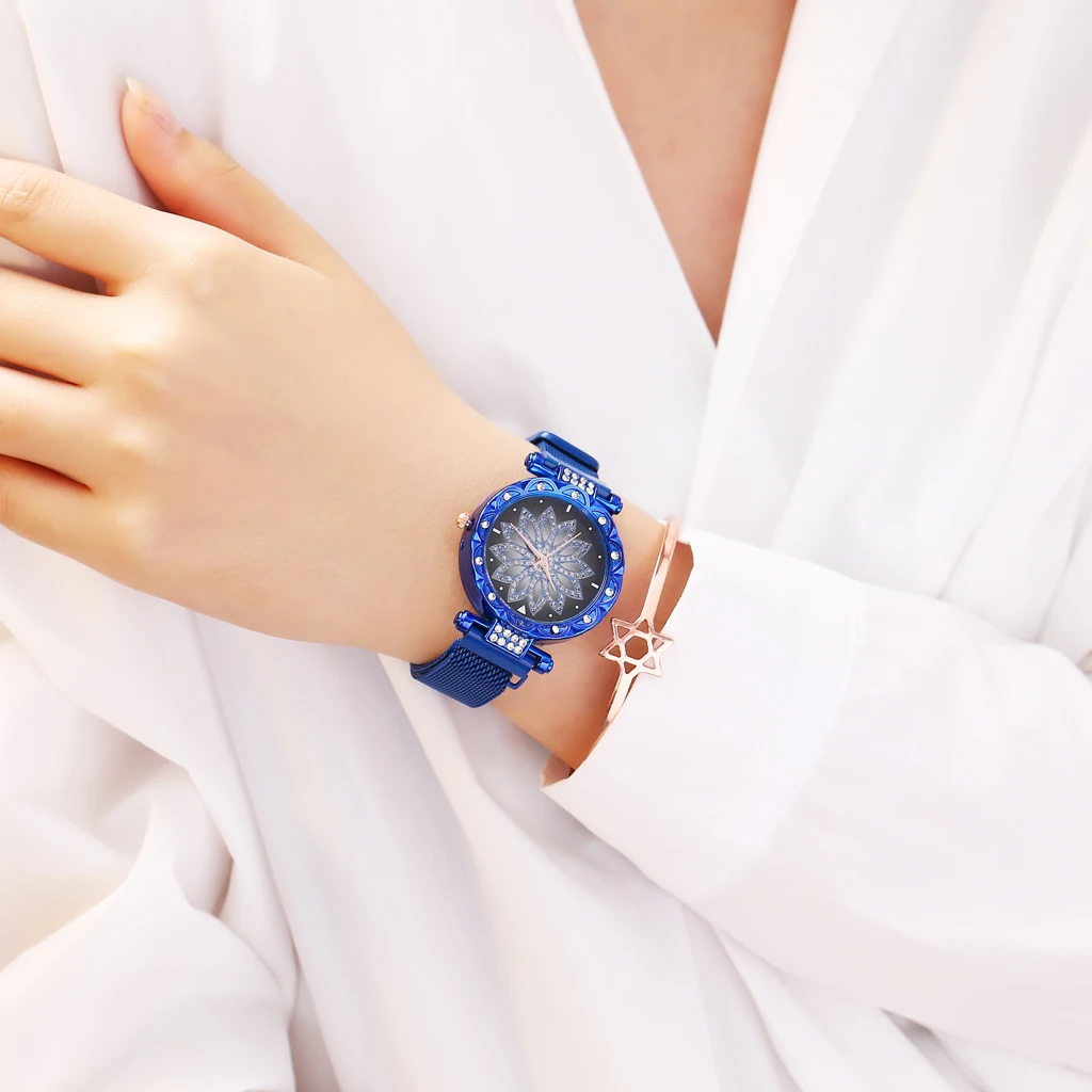 Luxus звездное небо Frauen Uhren кварц магнит сетка розовое золото Lila Klassische Mode Диамант Relogio Feminino Wasserdicht Geschenk