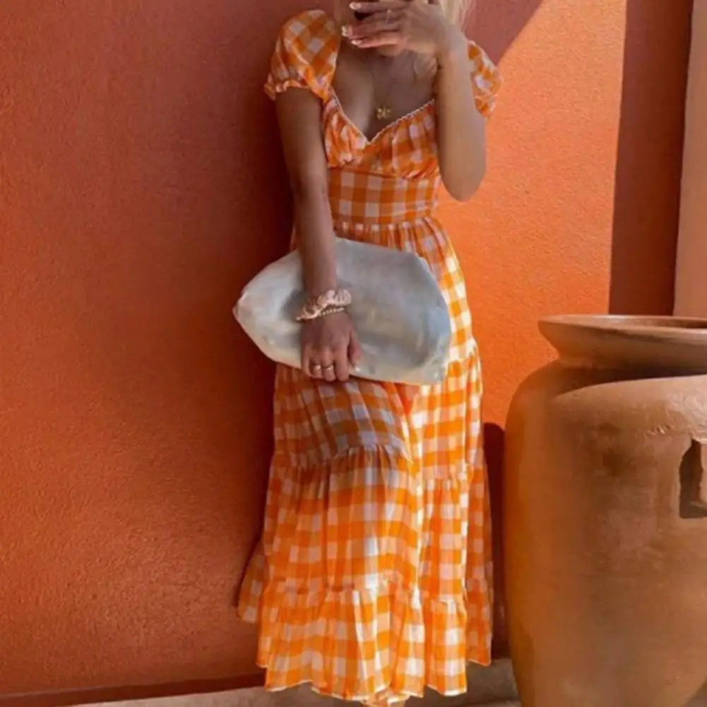 

Женское клетчатое платье макси с оборками на подоле, облегающее платье с коротким рукавом-фонариком и открытой спиной, длинное пикантное ле...