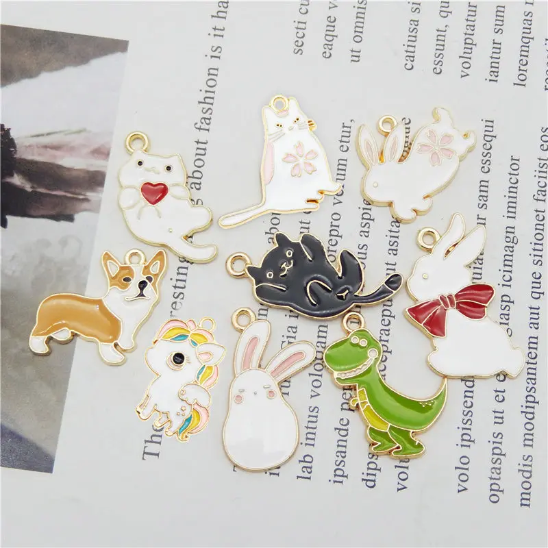 Julie Wang 5/9PCS Enamel Animal Charms Cat Dog Rabbit Dinosaur Alloy Gold Tone Necklace Bracelet Jewelry Making Accessory | Украшения и