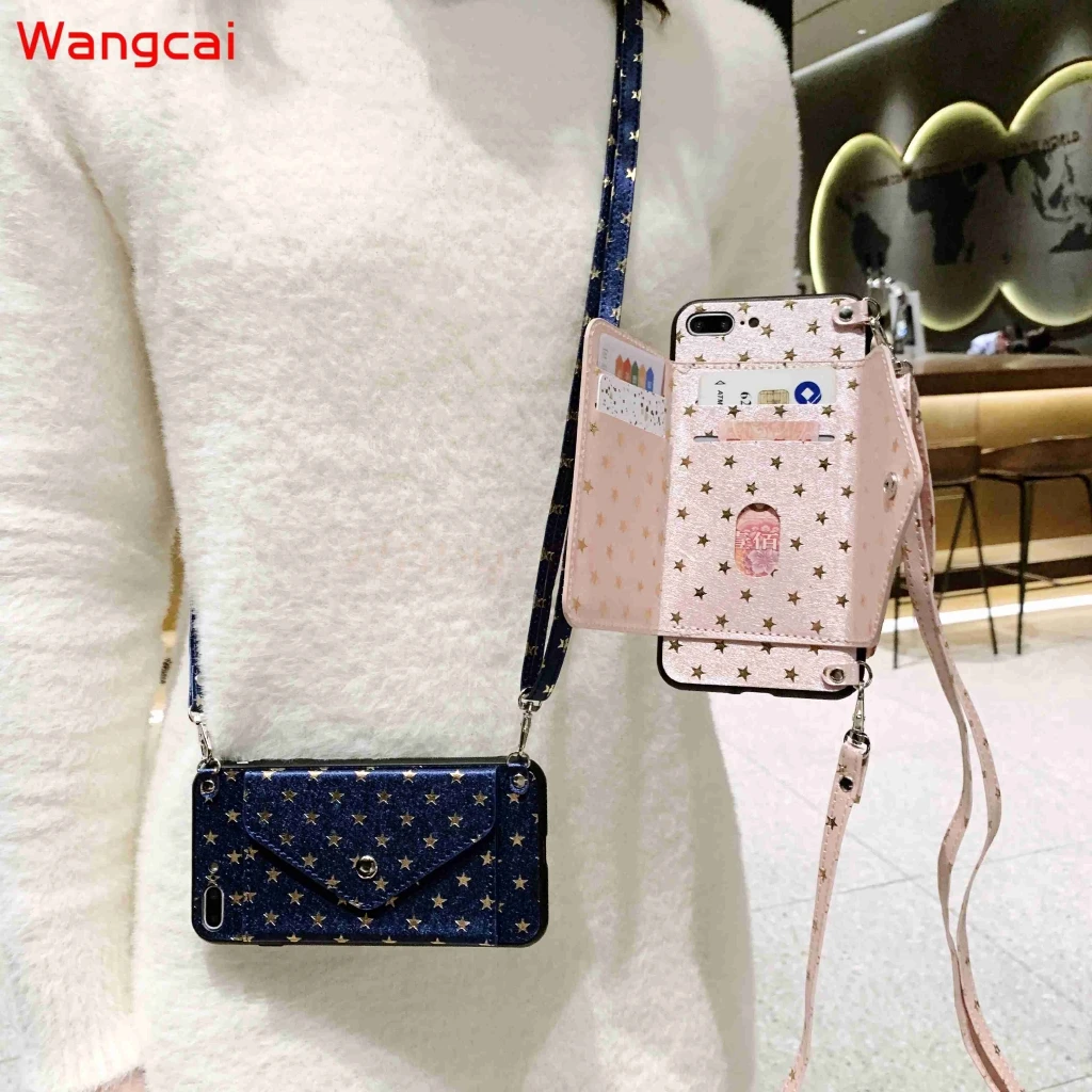 Чехол-кошелек Star Wallet Card Purse Glitter Lanyard Holder Cover для Vivo Y20 Y20i Y20S Y12S Y20d V19 Y17 Y15 Y13 Y12 Y11 Y19 Z1 Pro.