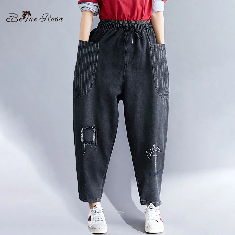 BelineRosa Ретро Плюс Размер Джинсы Лоскутная Большой Карман Вышивка Эластичные