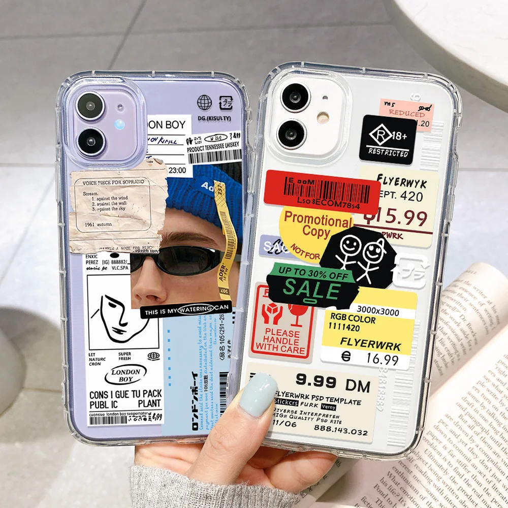 For iPhone 13 Pro Max Case Stamp Label Barcode Clear Cover iPhone11 11 12 Pro Max Mini 12Pro XR X XS SE 2020 7 8 Plus 6 6s Case
