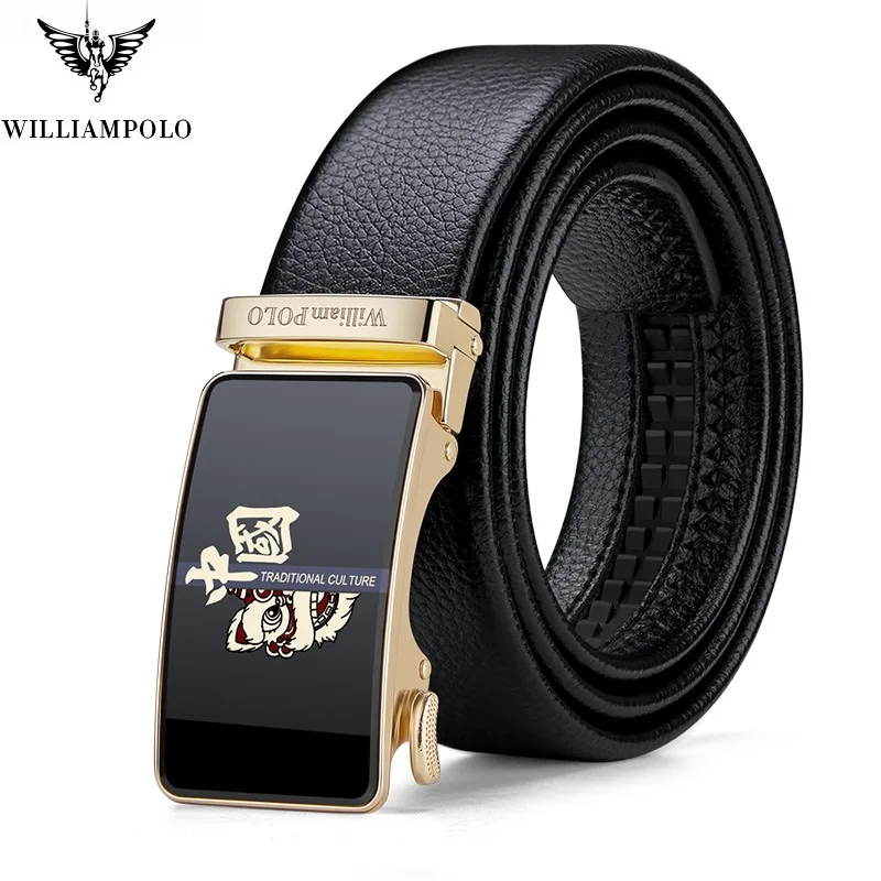 WILLIAMPOLO 2021 Genuine Leather Brand Belt Men Top Quality Luxury Chinese lion dance Strap Male Metal Automatic Buckle