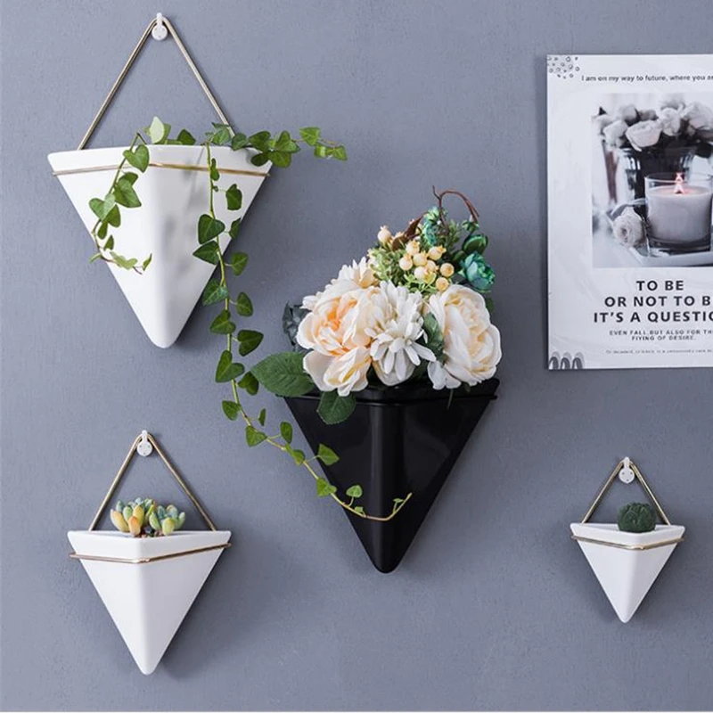 Modern Flower Vase Triangle Ceramic Vase Wall Hanging Flower Pots Nordic Home Decoration Wall Vase for Plants Porcelain Vase