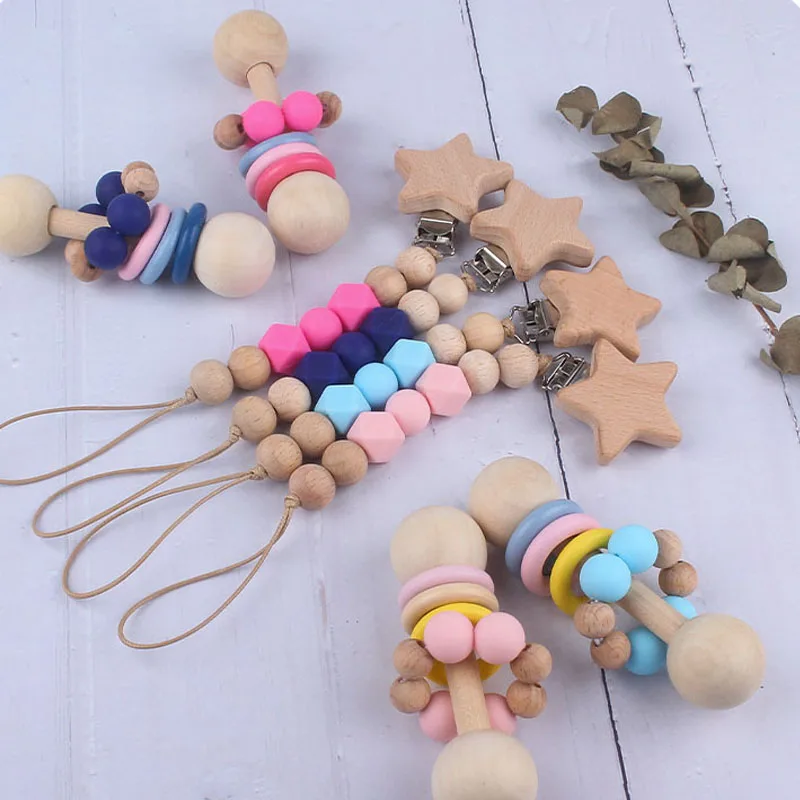 Juguetes de madera para beb&eacute;s, sonajero de haya, pulsera de estrella, campana, chupete, Clip, sonajero para beb&eacute;, cadena de chupete sonajeros y juguetes educativos-2