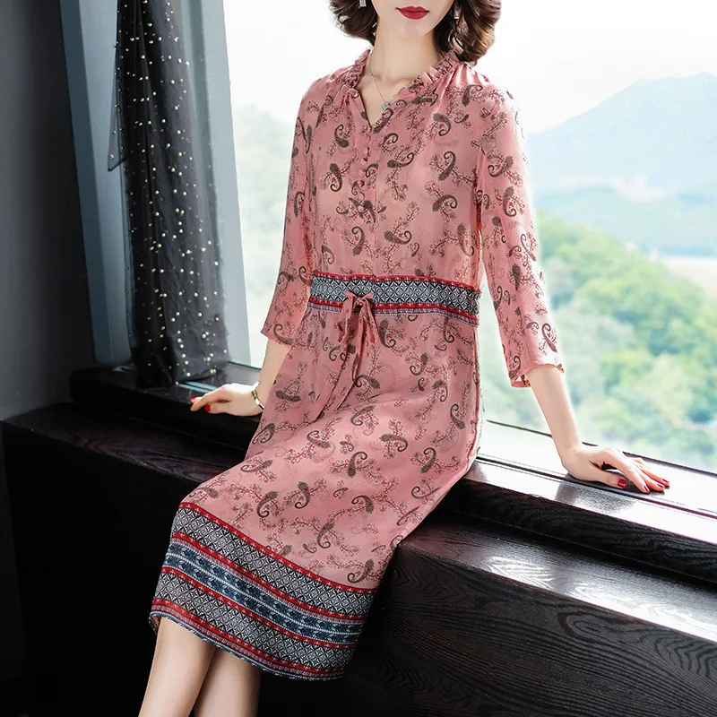 Летнее платье из 100% шелка для женщин розовое миди с цветочным рисунком