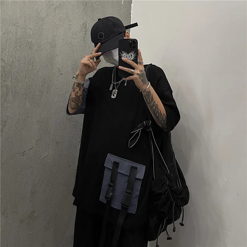 

Harajuku Short Sleeve T-shirts for Men Tooling 3D Pocket T-shirt Pullover Japanese Ins Diablo Streetwear 2021 Summer Sweatshirts