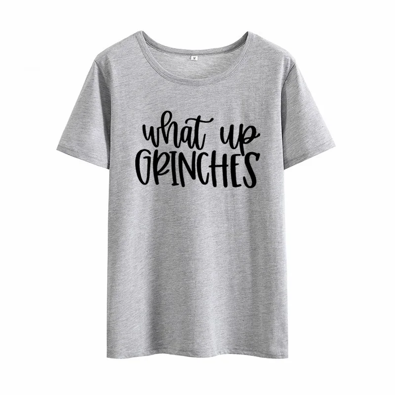 WHAT UP GRINCHES Print Summer T-shirt Women O-neck Cotton Short Sleeve Funny Tshirt Women Top Loose T-shirt Femme Black White images - 6