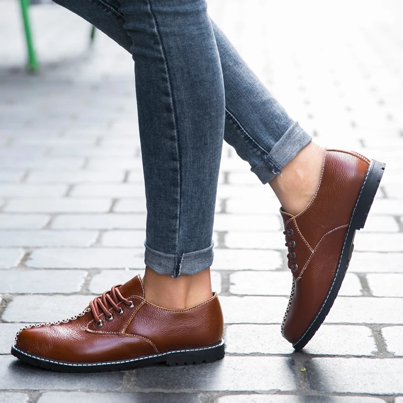 Мужские повседневные кожаные туфли коричневые оксфорды из коровьего спилка на