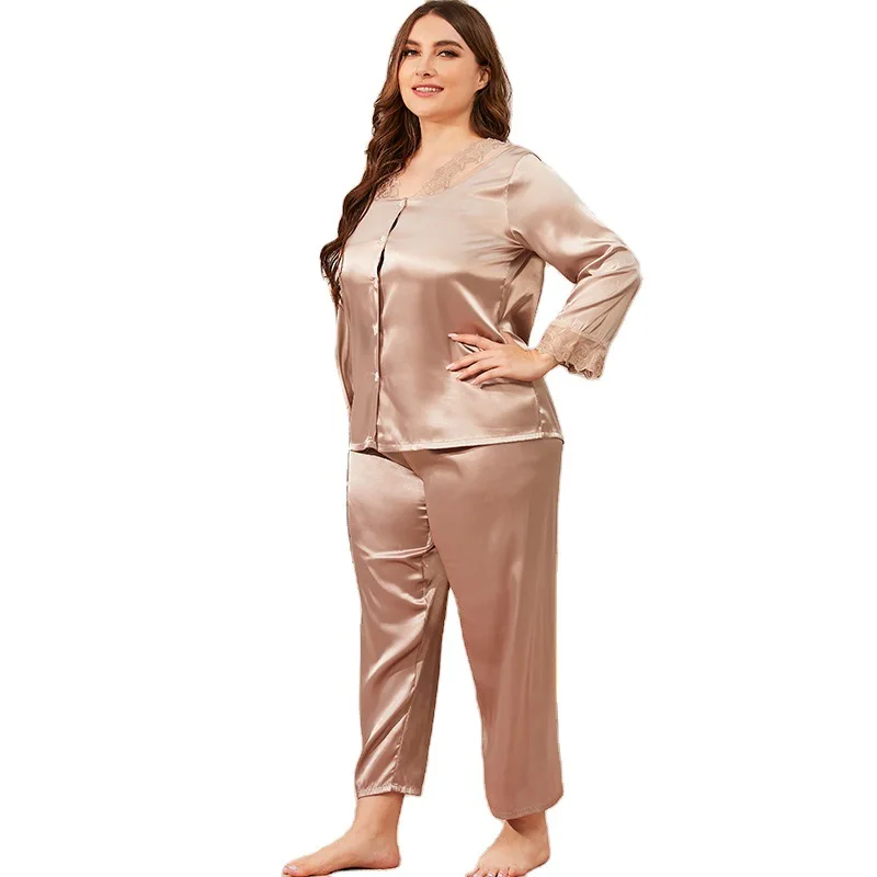 

Women Lace Patchwork Nightwear Silky Satin Large Size 4XL Pajamas Suit Full Sleeve 2PCS Sleep Set 2021 New Pyjamas Home Clothing