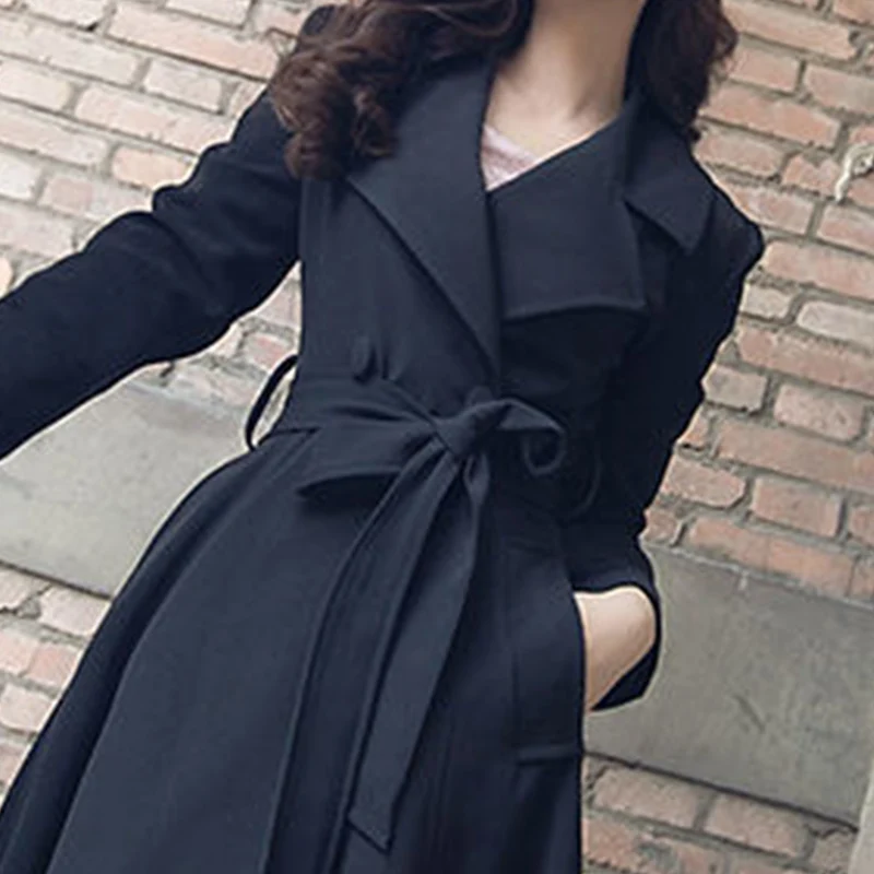 

Super long over-the-knee windbreaker 2021 new temperament slim slimming lace-up black spring and autumn jacket large size