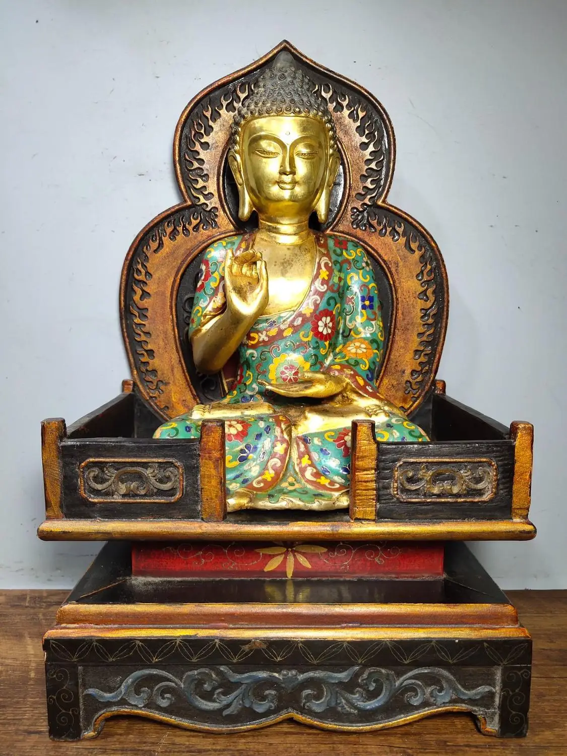 

Home Decor 19" Tibet Buddhism Temple Old Bronze Cloisonne Shakyamuni Buddha Statue Old lacquer Buddhist altar Bongfotang Buddha