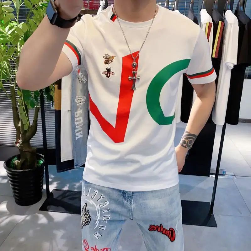 

2021 new summer t-shirt men Korean slim round neck bee embroidery printing men's short sleeve fashion half sleeve