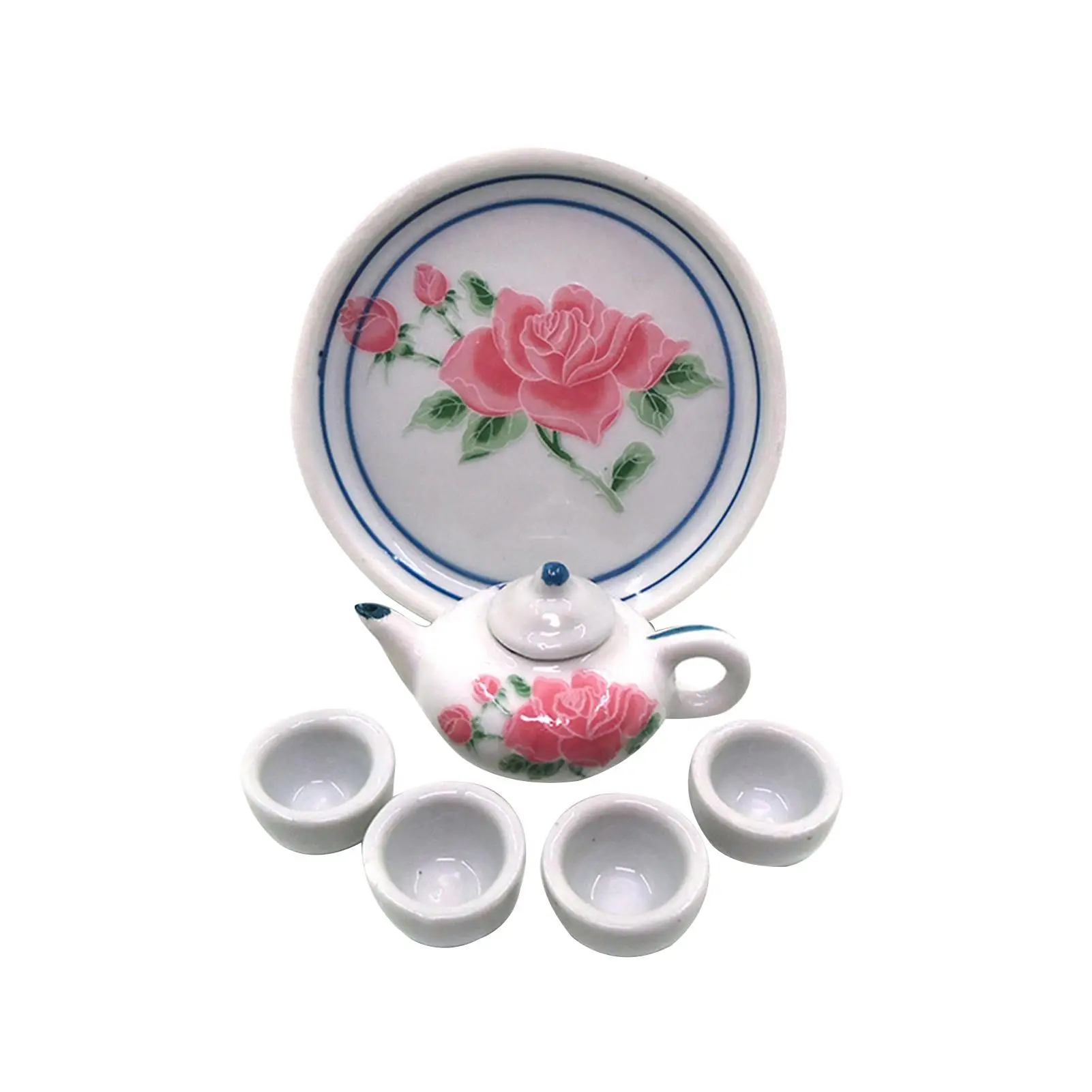 

Flower Print Mini Ceramic Tea Set Tray Teacup for 1/6 Dollhouse Kids Toy