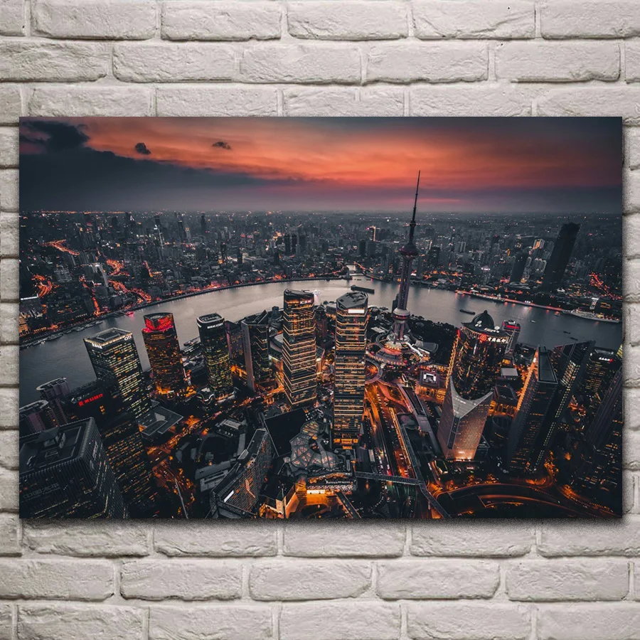 Шанхай городской пейзаж закат вечерний Декор для гостиной домашний Настенный