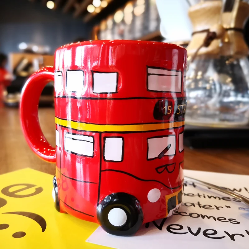 Creative Double Bus Mugs Retro Ceramic Cup Coffee Milk Tea Mug Drinkware Novetly Hand Painting Gifts | Дом и сад