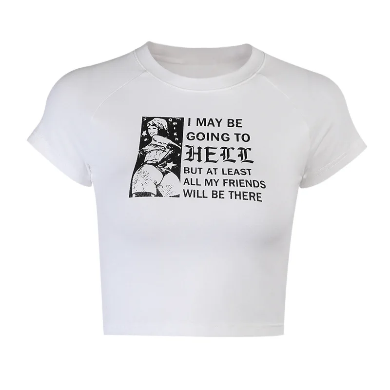

Letter Print T-shirts 2021 Women Cropped Short Sleeve O-Neck Cotton T-shirts Women Crop Shirts Women Skinny White Summer Top