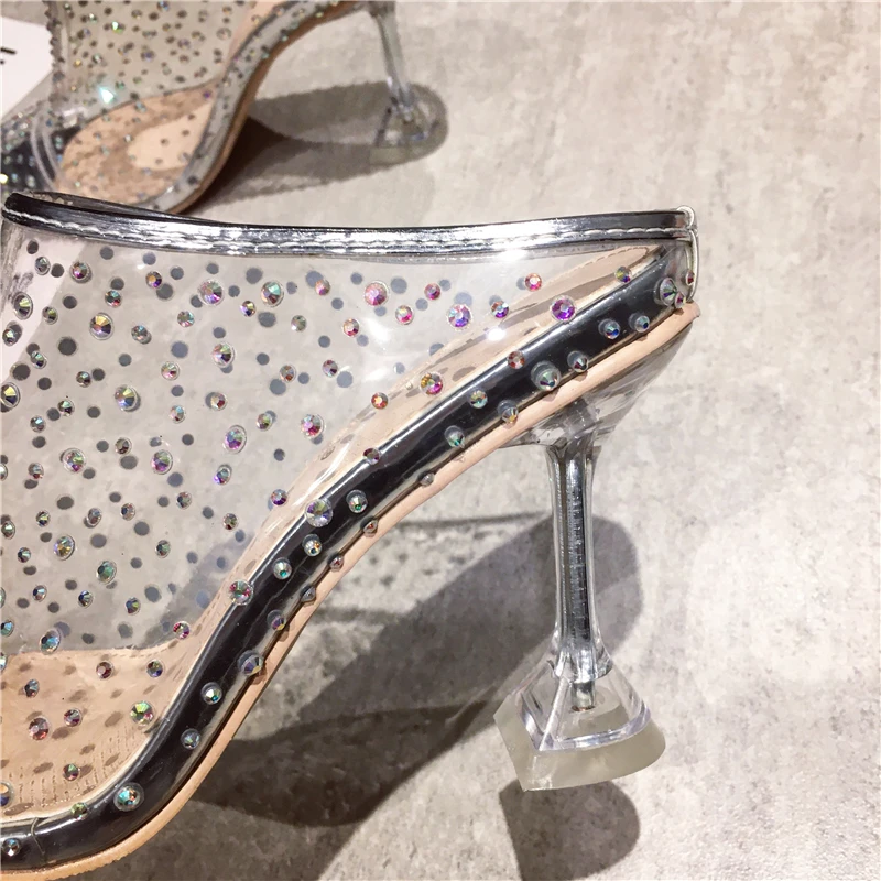 

Fashion Women Slippers Pointed Toe PVC Transparent Rhinestone Pumps Slip On Mules Shoes Clear Thin High Heels Slides Women Shoes