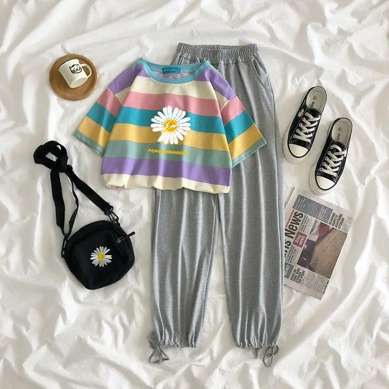 

2021 Korean Fashion Women Clothes Tracksuit Two Piece Set Summer Casual Sportswear Ins Suit O-neck Striped T Shirt+Harem Pants