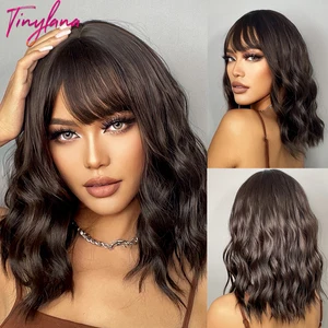 Medium Short Dark Brow Bob Wavy Synthetic Wig For Women with Bangs Black Brown Natural Hair Wigs Cosplay Daily Heat Resistant