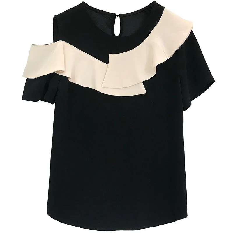 

2021 new high quality Ruffle off shoulder round neck tops women's elegent tops fashion shirt office ladies tops girls Tops Tees