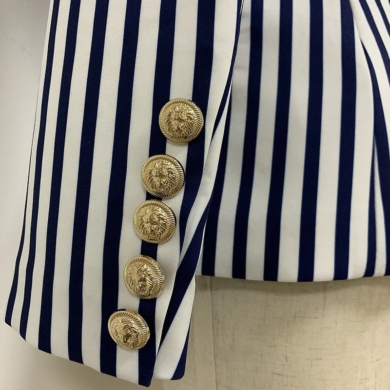 

2020 European American Lady's Jacket Double-breasted Metal Lion Head Buckle Classic Striped Slim Women Blazer