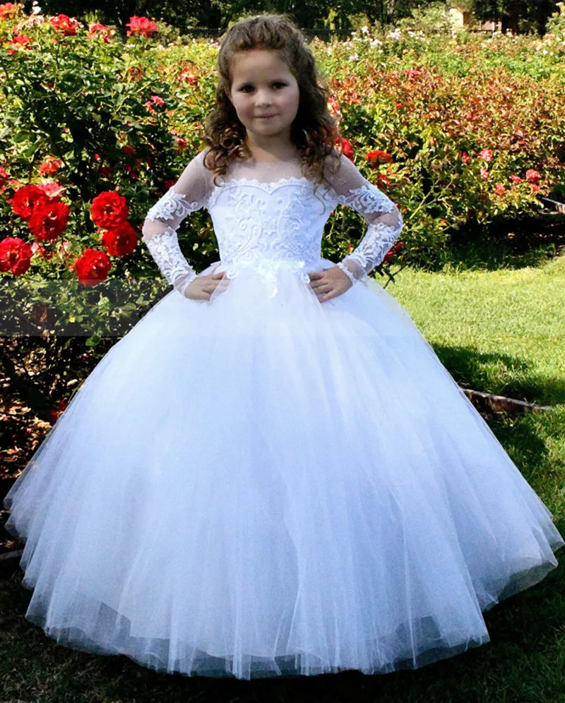 

Классическое белое платье для девочки с цветочным принтом и кружевной аппликацией с бантом, бальное платье с длинным рукавом для свадьбы, дня рождения, платья для первого причастия