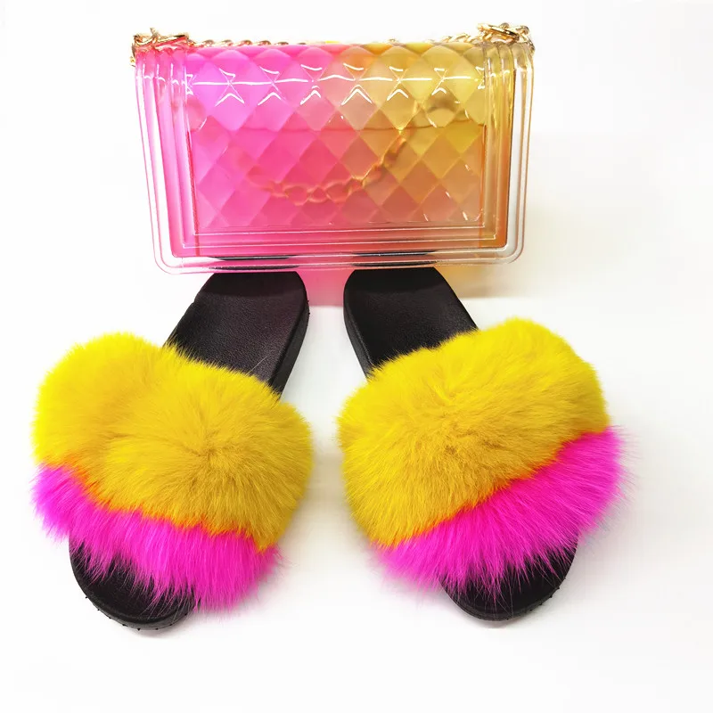 

Hot Sale Summer Women Fur Slippers And Purse Sets Wholasale Price Jelly Fanny Pack And Fur Slides