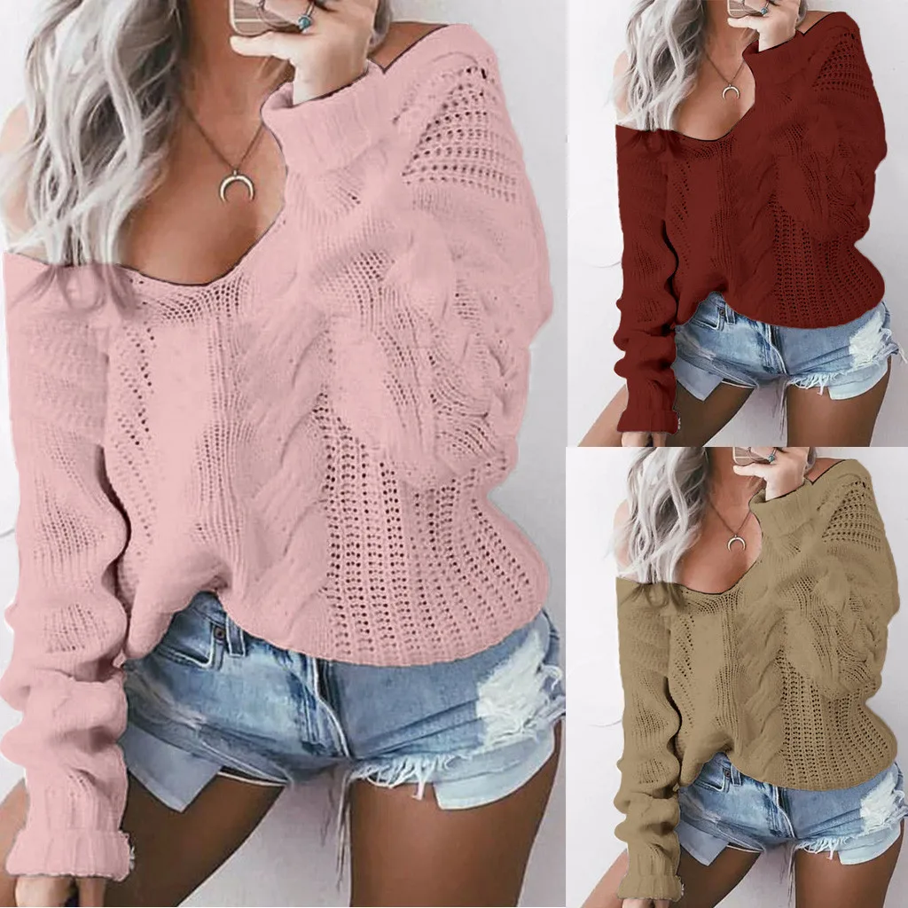 Women Sweaters Lady V-neck Casual Solid Loose Long Sleeve Tops Slim Fit Knitted Pullover Female Autumn Winter Sexy Sweater | Женская