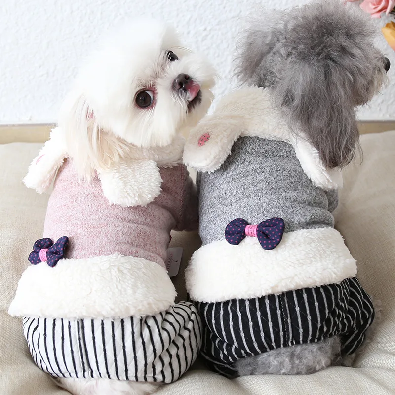 

Striped Bow Rabbit Dog Jumpsuits Bathrobe Pet Dog Clothes Winter Warm Dog Pajamas Thick Coats Clothing For Dogs Cat Yorkie Teddy