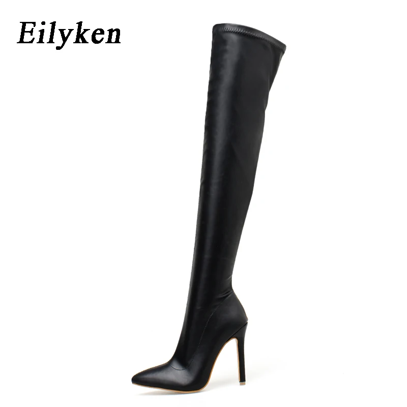 PU Black Eilyken/женские модные ботфорты выше колена; высокие сапоги из змеиной кожи; сапоги на высоком тонком каблуке с острым носком на молнии; коллекция года; сезон зима - Цвет: PU Black