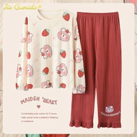 cute stawberry printing cotton pajamas set for women ins fashion kawaii pijamas 5xl big size autumn winter young lady pj sets