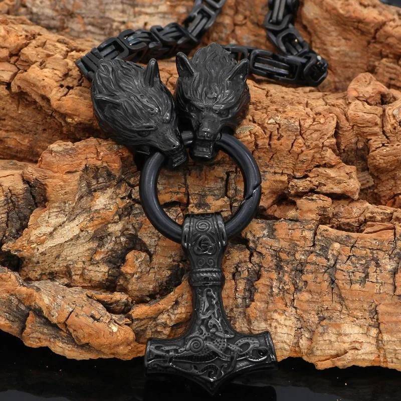 

Nordic Men Stainless Steel Wolf Head Viking Amulet Thor Hammer Black Chain Pendant Necklace Viking King Chain