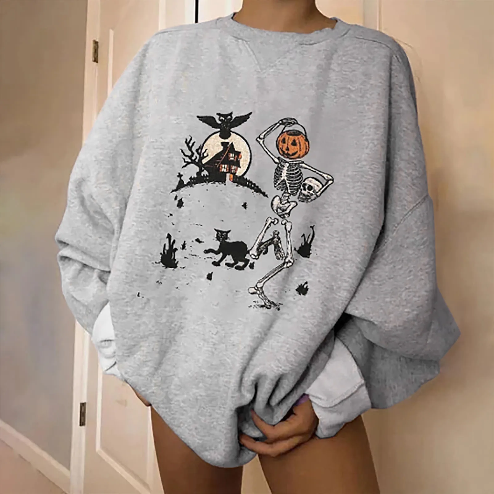 Женский Повседневный теплый свитер на Хэллоуин с принтом черепа и длинными