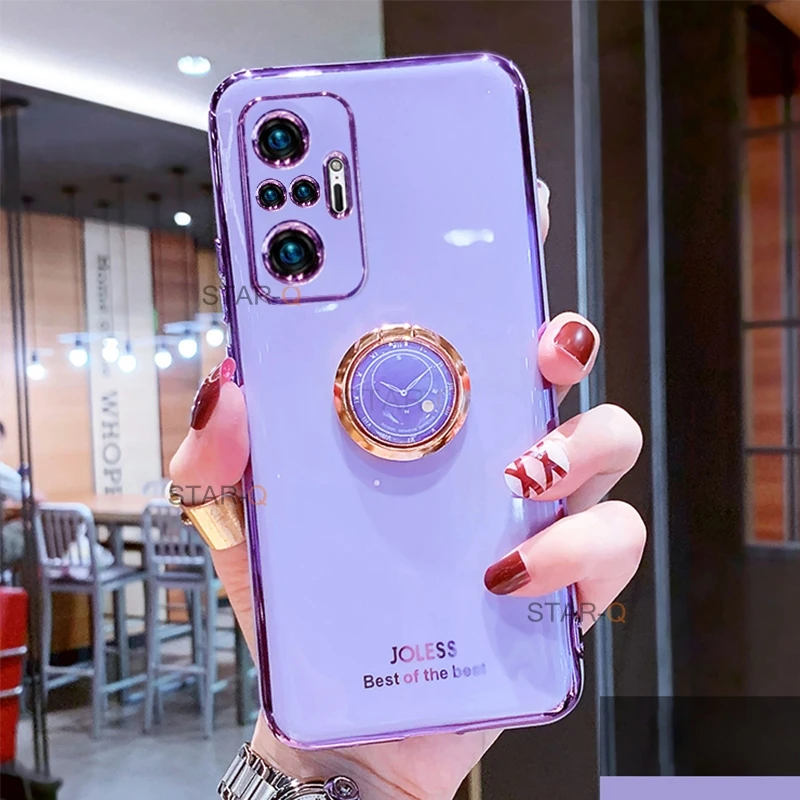 luxury ring holder plating phone case on for xiaomi redmi note 10 5g note10 pro max 10s 10pro stand soft silicone back cover free global shipping