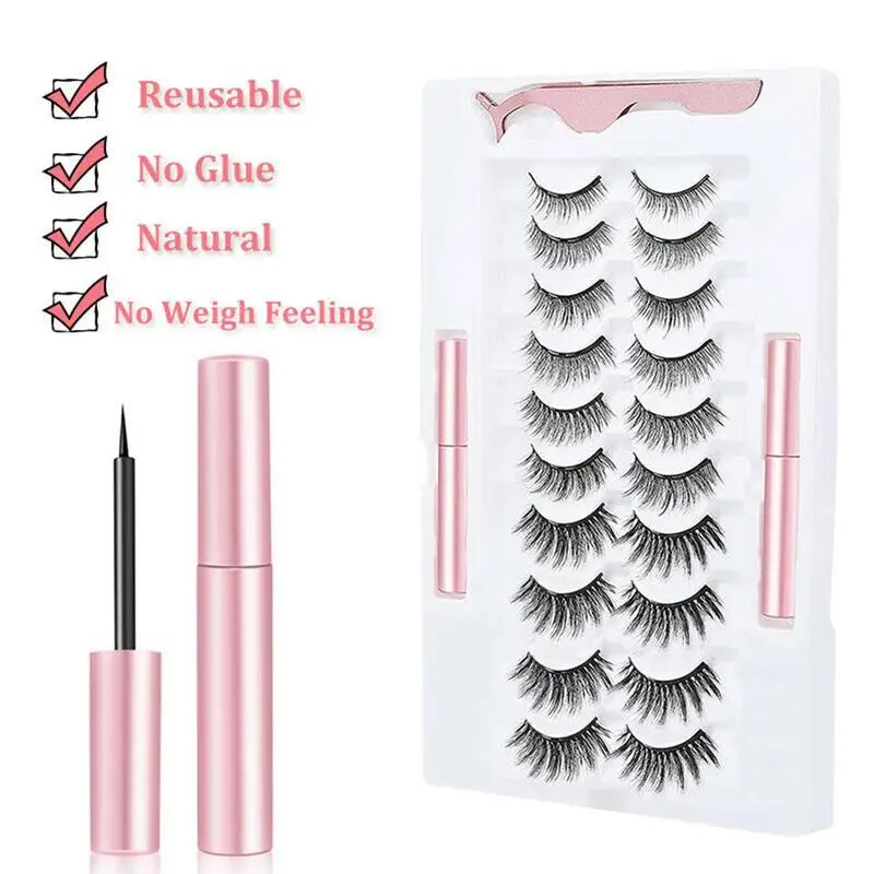 

10 Pairs Magnet Extension Liquid Eyeliner Tweezer Set Set Eyelashes Magnetic Eye Lashes Eyeliner Waterproof False Eyelashes F7E7