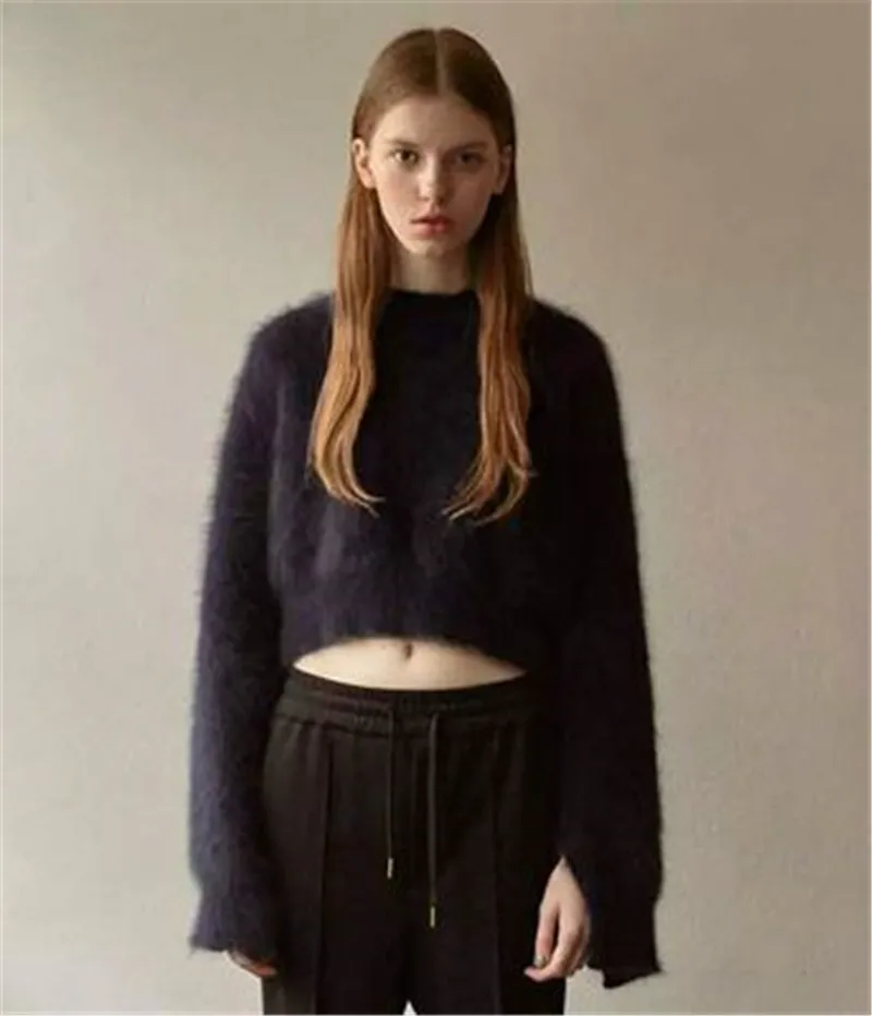 

Женский кашемировый свитер, повседневный теплый пуловер с круглым вырезом и разрезом, очень короткая трикотажная одежда, осень-зима 2020