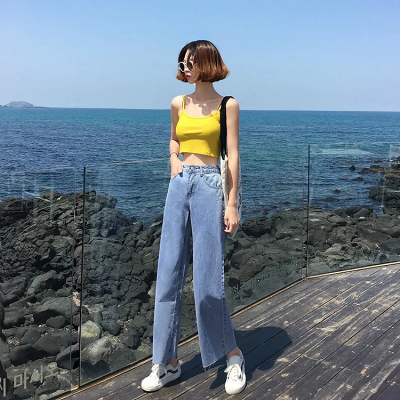 

Jeans Women Solid Elegant All-match Denim Pocekt Popular Casual Fashion High Waist Loose Straight Students Womens Trousers Chic