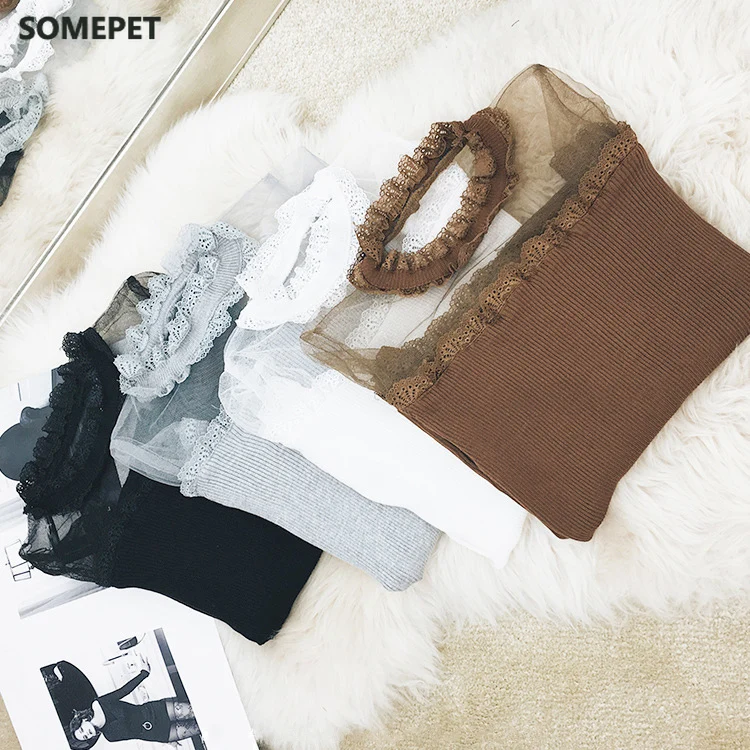 

Women's Fashion Long Sleeve Lace Collar Sweater Autumn Ladies Sexy See Through Solid Color Knitted Pullovers Plus Size