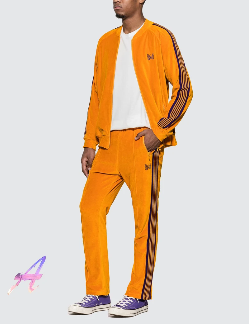 

High Street Casual AWGE Butterfly Embroidery AWGE Needles Sweatpants Joggers Striped AWGE Sweatshirt Men Women Trousers