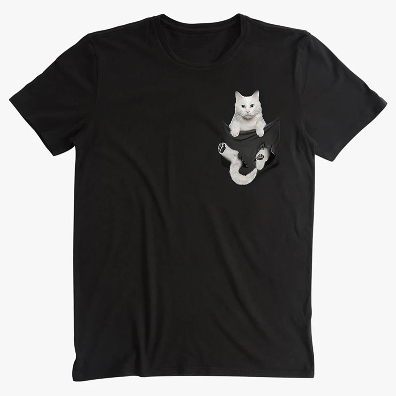 CLOOCL Cotton T-Shirt Fashion White Turkish Angora Cat in Pocket Casual Harajuku Unisex Tops Drop Shipping | Мужская одежда