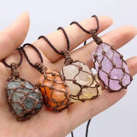 natural stone rope wrap charms necklace irregular rose crystal quartz pendant necklaces for women girl vintage jewelry gift