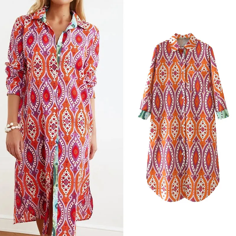 

PPYQYKX Za платье 2021 женское летнее ретро платье средней длины с принтом женское шикарное свободное платье с длинным рукавом с отворотом Повсед...