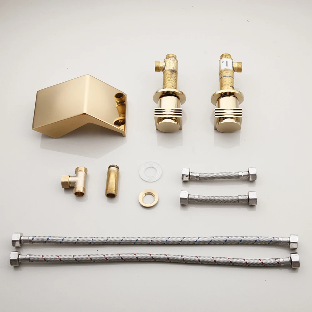 YANKSMART 3 Pcs Golden Plated Bathroom Bathtub Faucets Waterfall Spout Dual Handles Faucet Deck Mount Hot &amp Cold Mixer Water Tap |