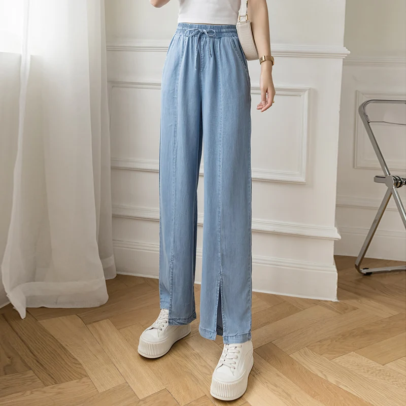 

Женские джинсовые брюки из тенсела с широкими штанинами, повседневные эластичные брюки с высокой талией и разрезом, уличная одежда, женские...